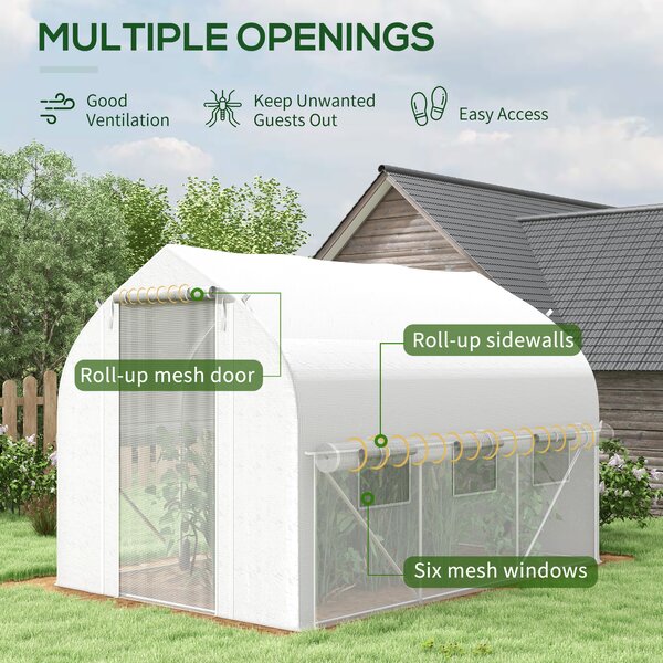 Outsunny 3 x 2m Walk-in Polytunnel Greenhouse, Zipped Roll Up Sidewalls, Mesh Door, Mesh Windows, Tunnel Warm House Tent w/ PE Cover, White Aosom UK