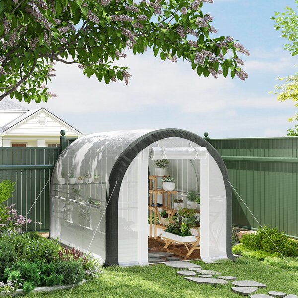 Outsunny 3x2m Walk-In Tunnel Greenhouse with Steel Frame, Roll-Up Door & Accessories for Garden Growing, White Aosom UK