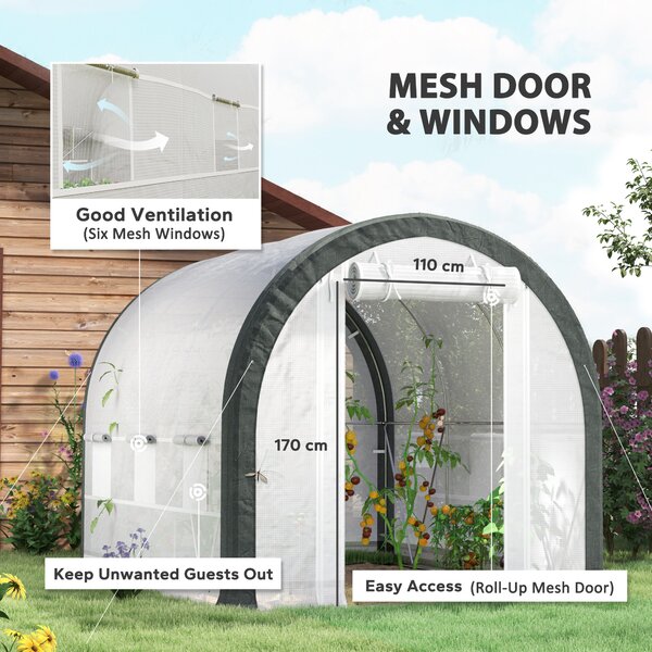 Outsunny 3x2m Walk-In Tunnel Greenhouse with Steel Frame, Roll-Up Door & Accessories for Garden Growing, White Aosom UK