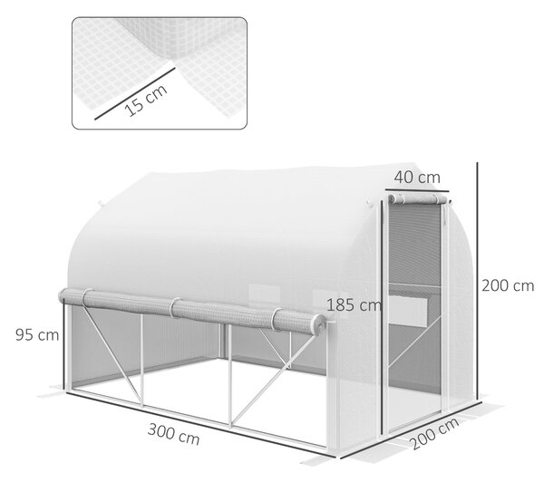 Outsunny 3 x 2m Walk-in Polytunnel Greenhouse, Zipped Roll Up Sidewalls, Mesh Door, Mesh Windows, Tunnel Warm House Tent w/ PE Cover, White Aosom UK