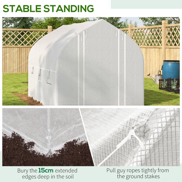 Outsunny 3 x 2m Walk-in Polytunnel Greenhouse, Zipped Roll Up Sidewalls, Mesh Door, Mesh Windows, Tunnel Warm House Tent w/ PE Cover, White Aosom UK
