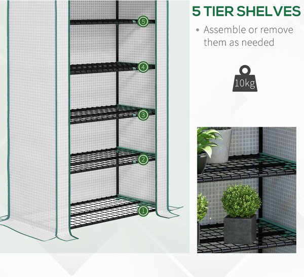 Outsunny 5 Tier Widened Mini Greenhouse w/ Reinforced PE Cover, Portable Green House w/ Roll-up Door & Wire Shelves, 193H x 90W x 49Dcm, White