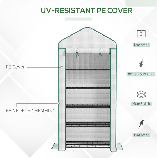 Outsunny 5 Tier Widened Mini Greenhouse w/ Reinforced PE Cover, Portable Green House w/ Roll-up Door & Wire Shelves, 193H x 90W x 49Dcm, White
