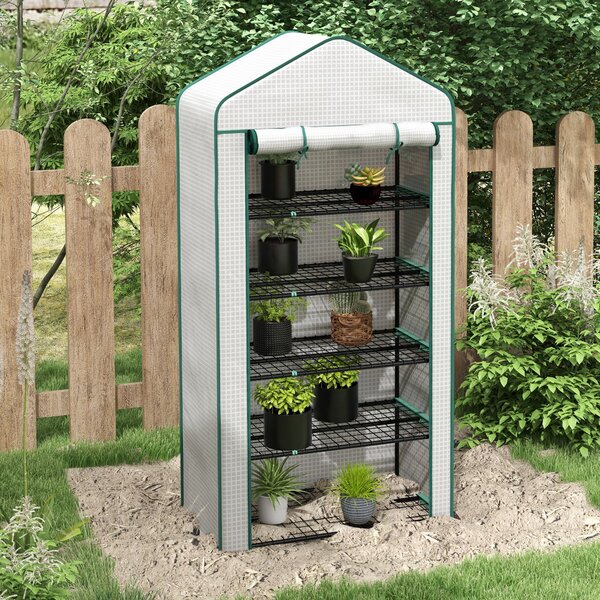 Outsunny 5 Tier Widened Mini Greenhouse w/ Reinforced PE Cover, Portable Green House w/ Roll-up Door & Wire Shelves, 193H x 90W x 49Dcm, White