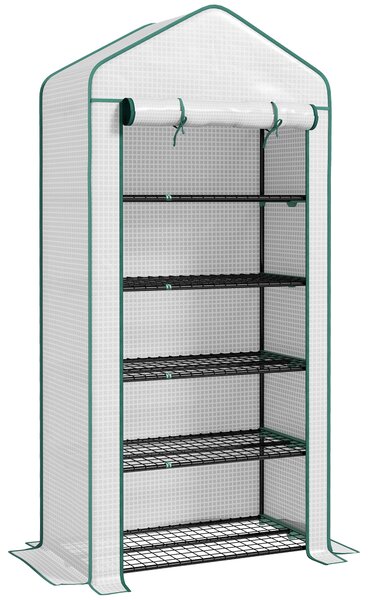Outsunny 5 Tier Widened Mini Greenhouse w/ Reinforced PE Cover, Portable Green House w/ Roll-up Door & Wire Shelves, 193H x 90W x 49Dcm, White