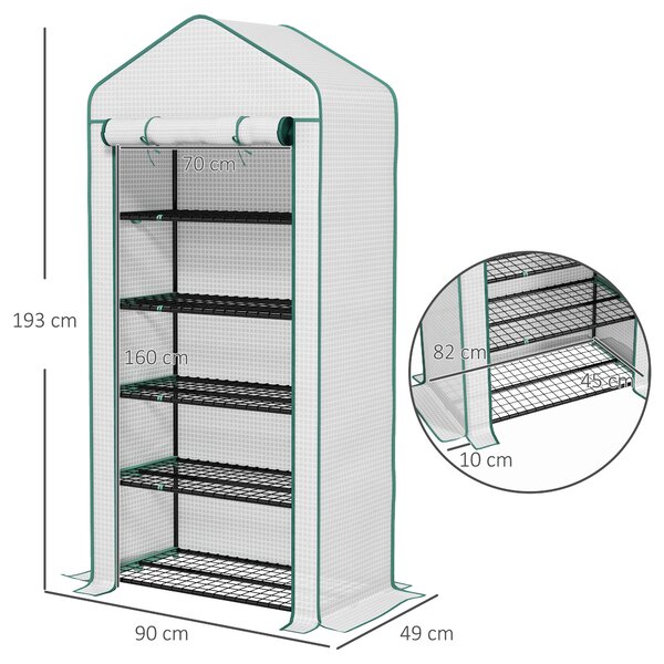 Outsunny 5 Tier Widened Mini Greenhouse w/ Reinforced PE Cover, Portable Green House w/ Roll-up Door & Wire Shelves, 193H x 90W x 49Dcm, White