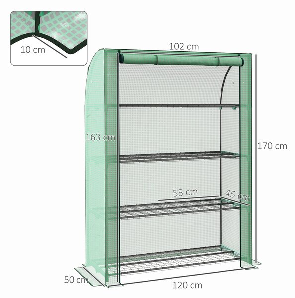 Outsunny Portable Mini Greenhouse: 4 Tier with PE Reinforced Cover and Roll-up Door, Green, 170H x 120W x 50Dcm Aosom UK