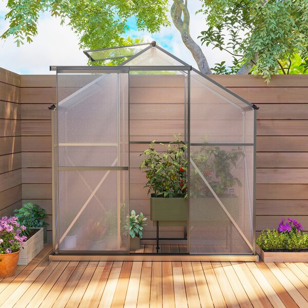 Outsunny Polycarbonate Greenhouse, 6 x 2.5ft Walk-In with Rain Gutter, Sliding Door, Window, Foundation, Dark Grey