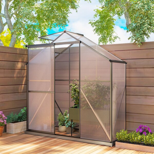 Outsunny Polycarbonate Greenhouse, 6 x 2.5ft Walk-In with Rain Gutter, Sliding Door, Window, Foundation, Dark Grey