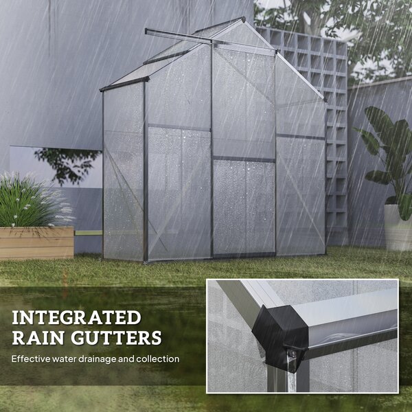 Outsunny Polycarbonate Greenhouse, 6 x 2.5ft Walk-In with Rain Gutter, Sliding Door, Window, Foundation, Dark Grey