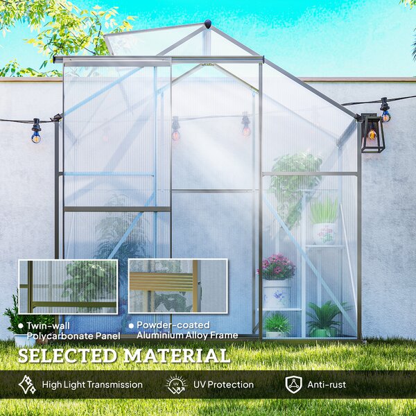 Outsunny Polycarbonate Greenhouse, 6 x 2.5ft Walk-In with Rain Gutter, Sliding Door, Window, Foundation, Dark Grey