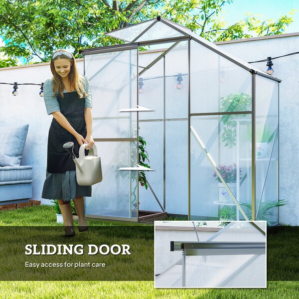 Outsunny Polycarbonate Greenhouse, 6 x 2.5ft Walk-In with Rain Gutter, Sliding Door, Window, Foundation, Dark Grey