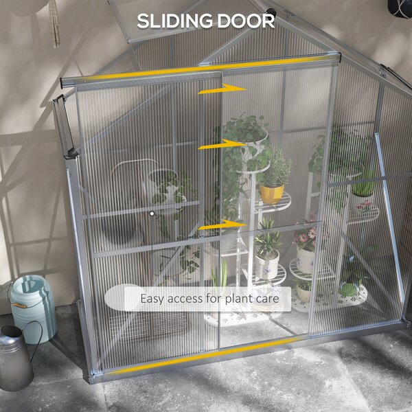 Outsunny Materials Greenhouse Polycarbonate, Walk-In Green House with Rain Gutter, Sliding Door, Window, Foundation, 6 x 2.5ft, Silver Aosom UK