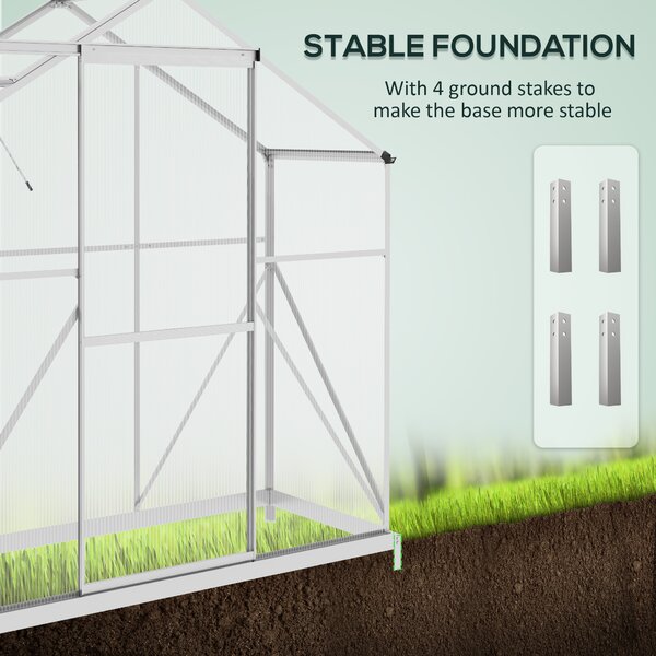 Outsunny Materials Greenhouse Polycarbonate, Walk-In Green House with Rain Gutter, Sliding Door, Window, Foundation, 6 x 2.5ft, Silver Aosom UK