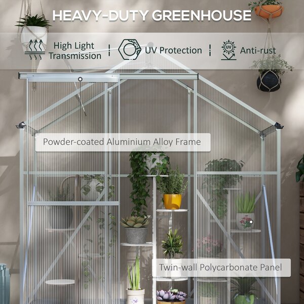 Outsunny Materials Greenhouse Polycarbonate, Walk-In Green House with Rain Gutter, Sliding Door, Window, Foundation, 6 x 2.5ft, Silver Aosom UK
