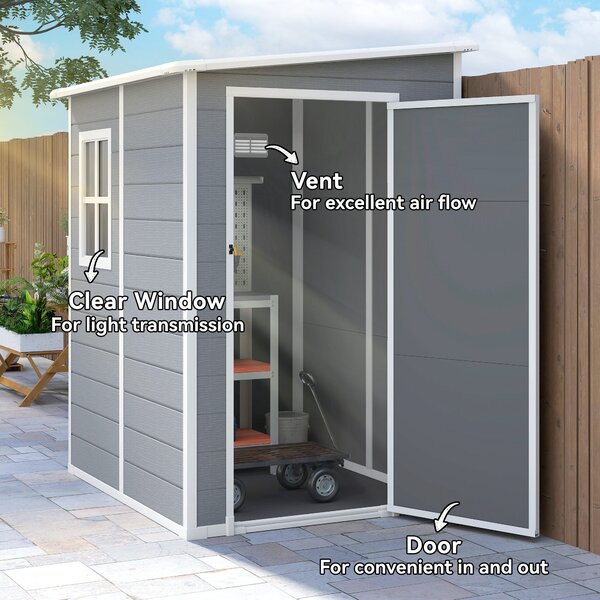 Outsunny 4 x 5ft Lean-To Shed, All-Weather Storage with Windows, Lockable Door, Built-in Vent & Plastic Roof, Grey Aosom UK