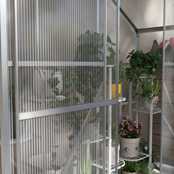 Outsunny Materials Greenhouse Polycarbonate, Walk-In Green House with Rain Gutter, Sliding Door, Window, Foundation, 6 x 2.5ft, Silver Aosom UK