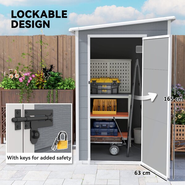 Outsunny 4 x 5ft Lean-To Shed, All-Weather Storage with Windows, Lockable Door, Built-in Vent & Plastic Roof, Grey Aosom UK