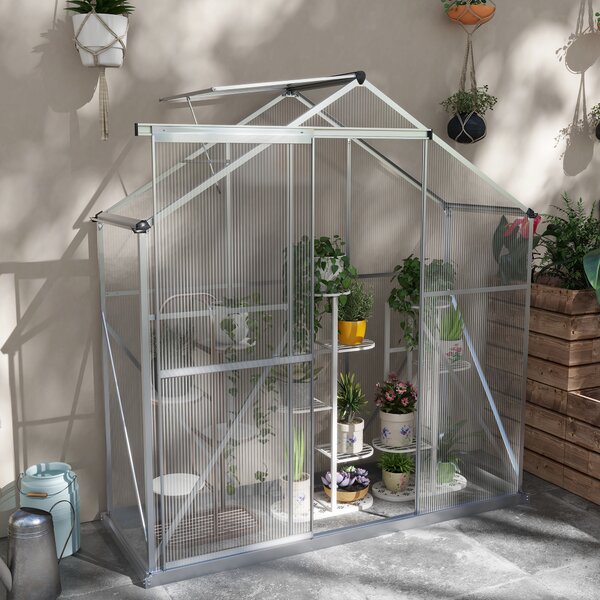 Outsunny Materials Greenhouse Polycarbonate, Walk-In Green House with Rain Gutter, Sliding Door, Window, Foundation, 6 x 2.5ft, Silver Aosom UK