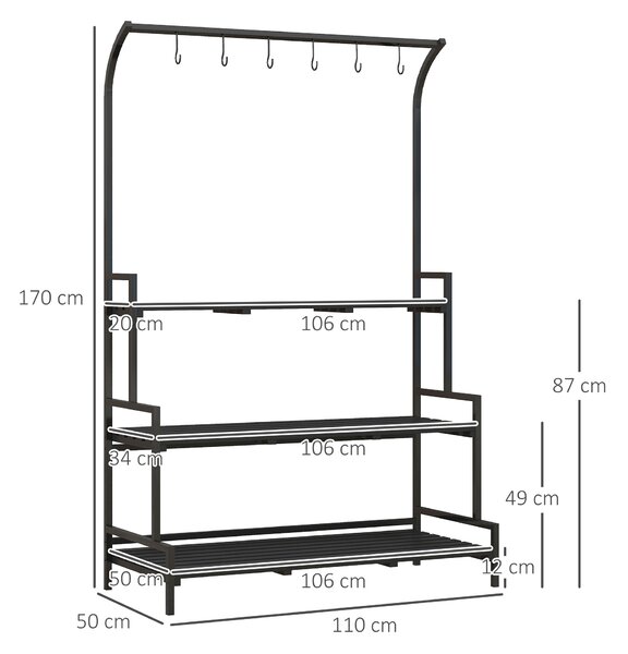 Outsunny 3 Tiered Plant Rack with Hanging Hooks, Tall Plant Stand for Indoor Outdoor Porch Balcony Use, Black