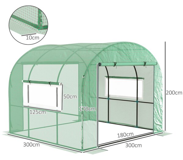 Outsunny 300 x 300cm Walk-In Polytunnel Greenhouse - Green