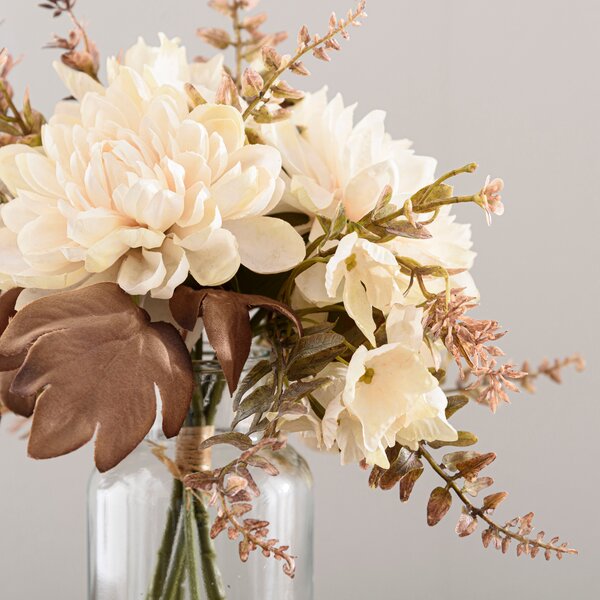 Artificial Dried Dahlia and Foliage Bouquet in Glass Vase