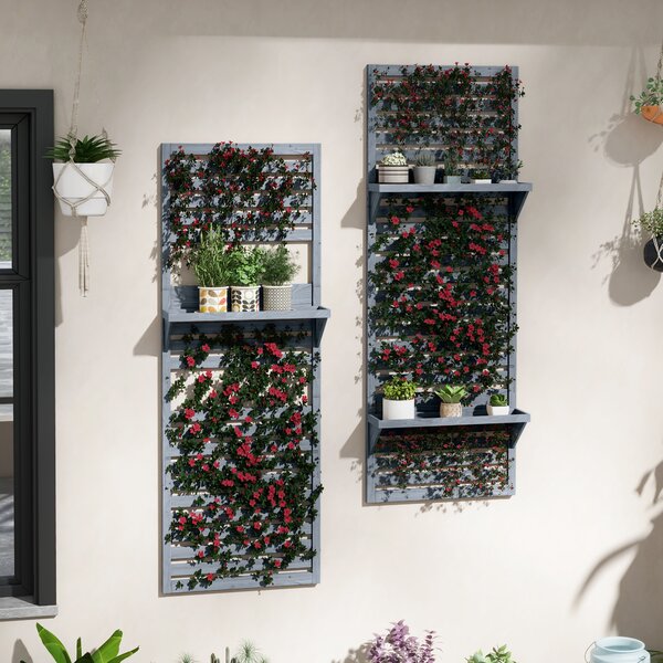Outsunny Wall Mounted Plant Stands Set of 2, Fir Wood Flower Stand with Shelves and Slatted Trellis for Patio, Balcony, Porch Aosom UK