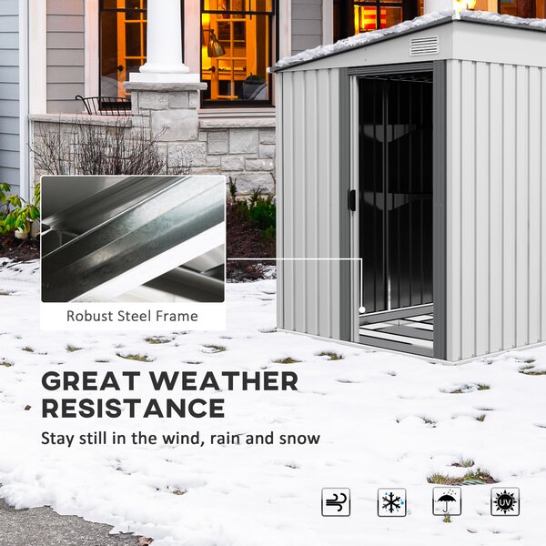 Outsunny 5 x 7FT Galvanised Metal Shed with Foundation, Lean to Tool Garden Shed with Sliding Doors and 2 Vents, White