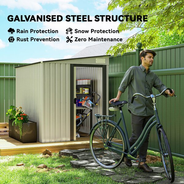 Outsunny 5 x 7FT Galvanised Metal Shed with Foundation, Lean to Tool Garden Shed with Sliding Doors and 2 Vents, White