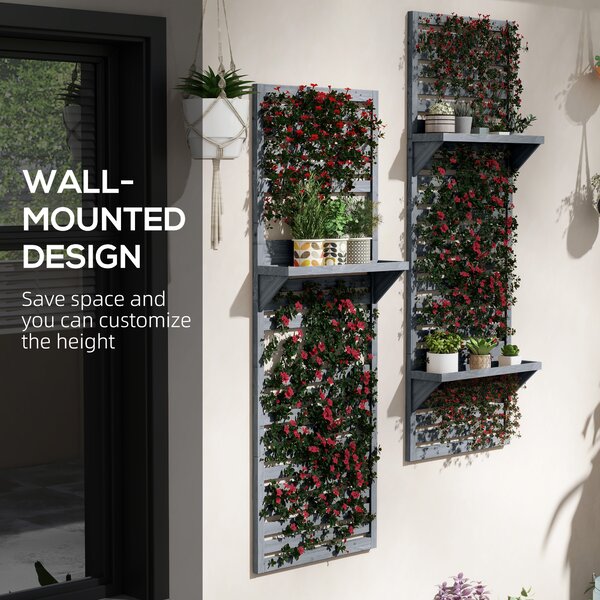 Outsunny Wall Mounted Plant Stands Set of 2, Fir Wood Flower Stand with Shelves and Slatted Trellis for Patio, Balcony, Porch Aosom UK