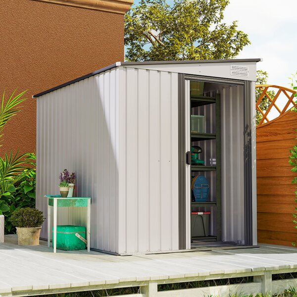 Outsunny 5 x 7FT Galvanised Metal Shed with Foundation, Lean to Tool Garden Shed with Sliding Doors and 2 Vents, White