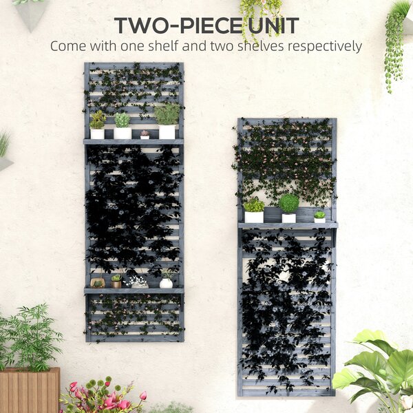 Outsunny Wall Mounted Plant Stands Set of 2, Fir Wood Flower Stand with Shelves and Slatted Trellis for Patio, Balcony, Porch Aosom UK