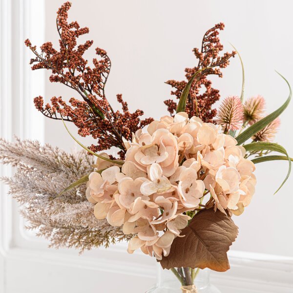 Artificial Dried Cream Hydrangea and Pampas Bouquet in Glass Vase