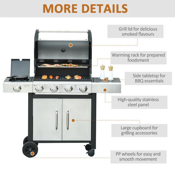 Outsunny Gas Burner Barbecue Grill 4+1 Burner Garden BBQ Trolley w/ Side Burner Warming Rack Side Shelves Piezo Ignition Thermometer Aosom UK