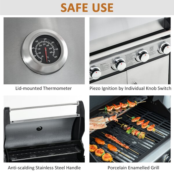Outsunny Gas Burner Barbecue Grill 4+1 Burner Garden BBQ Trolley w/ Side Burner Warming Rack Side Shelves Piezo Ignition Thermometer Aosom UK