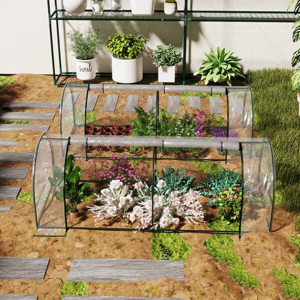 Outsunny Set of 2 Tunnel Greenhouse, Green Grow House with Roll-up Door, Steel Frame, Plastic Cover for Garden, Outdoor, 250 x 100 x 80cm, Clear