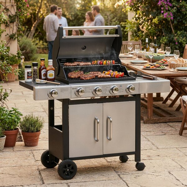 Outsunny Gas Burner Barbecue Grill 4+1 Burner Garden BBQ Trolley w/ Side Burner Warming Rack Side Shelves Piezo Ignition Thermometer Aosom UK