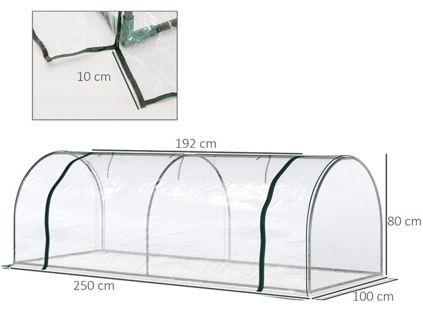 Outsunny Set of 2 Tunnel Greenhouse, Green Grow House with Roll-up Door, Steel Frame, Plastic Cover for Garden, Outdoor, 250 x 100 x 80cm, Clear