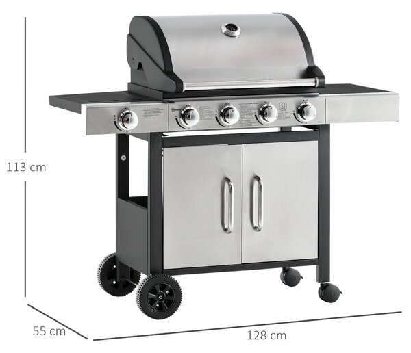 Outsunny Gas Burner Barbecue Grill 4+1 Burner Garden BBQ Trolley w/ Side Burner Warming Rack Side Shelves Piezo Ignition Thermometer Aosom UK