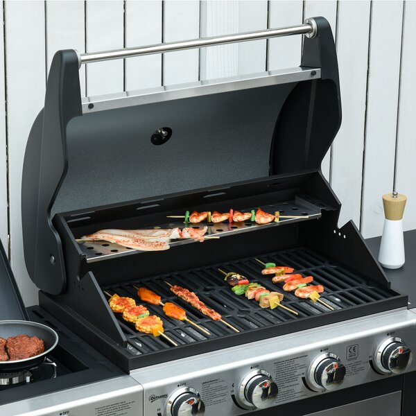 Outsunny Gas Burner Barbecue Grill 4+1 Burner Garden BBQ Trolley w/ Side Burner Warming Rack Side Shelves Piezo Ignition Thermometer Aosom UK