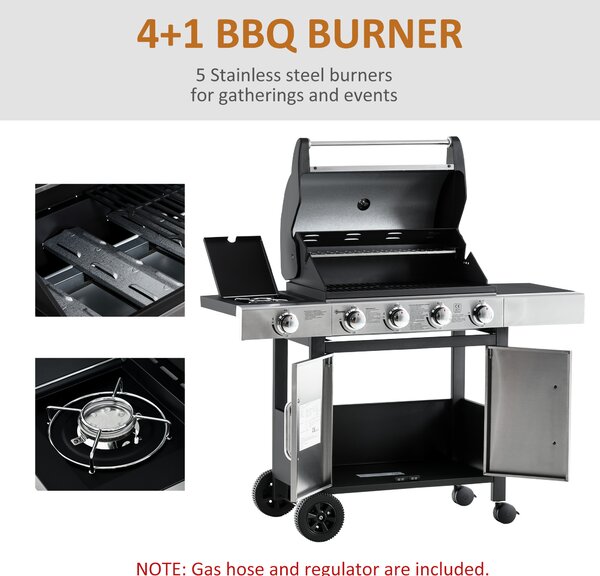 Outsunny Gas Burner Barbecue Grill 4+1 Burner Garden BBQ Trolley w/ Side Burner Warming Rack Side Shelves Piezo Ignition Thermometer Aosom UK