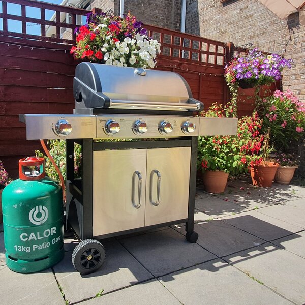 Outsunny Gas Burner Barbecue Grill 4+1 Burner Garden BBQ Trolley w/ Side Burner Warming Rack Side Shelves Piezo Ignition Thermometer Aosom UK