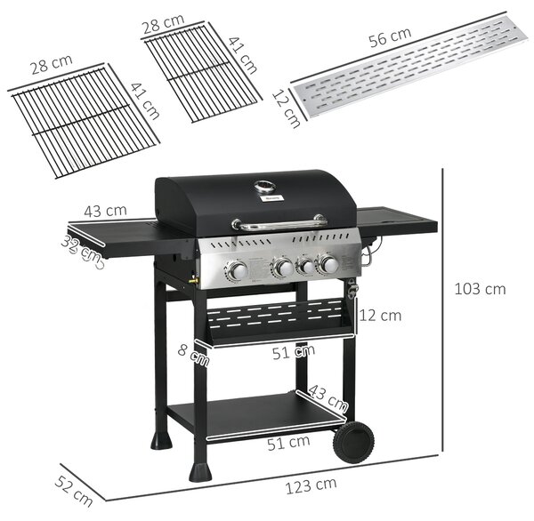 Outsunny Galvanised Steel 3+1 Gas Burner BBQ Grill Trolley, Black Aosom UK