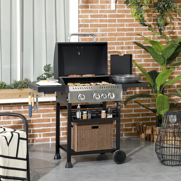 Outsunny Galvanised Steel 3+1 Gas Burner BBQ Grill Trolley, Black Aosom UK