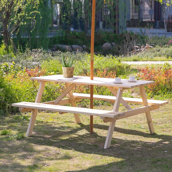 Outsunny 4-Seater Wooden Picnic Table, Outdoor Garden Bench with Parasol Cutout, 150cm, Durable Aosom UK