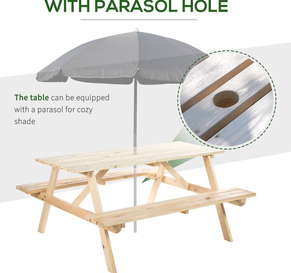 Outsunny 4-Seater Wooden Picnic Table, Outdoor Garden Bench with Parasol Cutout, 150cm, Durable Aosom UK