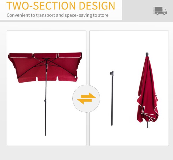 Outsunny Rectangular Patio Parasol: Red Aluminium Sun Umbrella with Tilt Function, 2M x 1.25M Shade Canopy Aosom UK