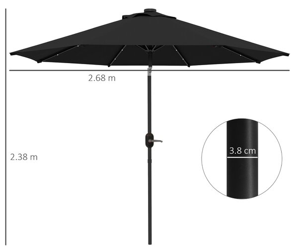 Outsunny 2.7m Outdoor Patio Garden Umbrella Parasol with Tilt Crank and 24 LEDs Lights, Black