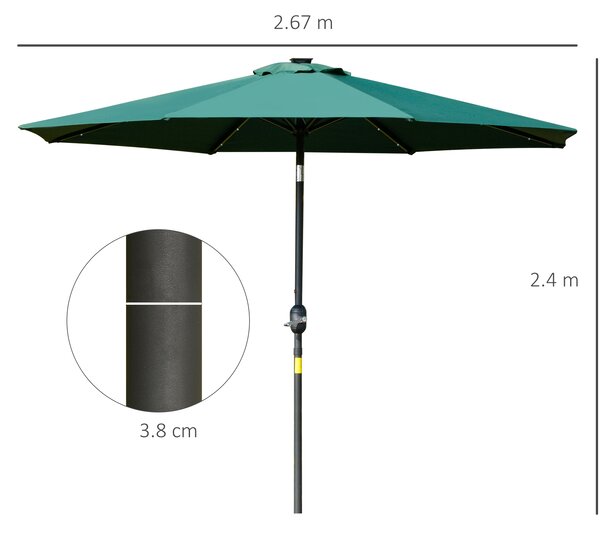 Outsunny Waterproof LED Patio Parasol: 2.7m Tilting Umbrella with Crank & 8 Ribs, Green Aosom UK