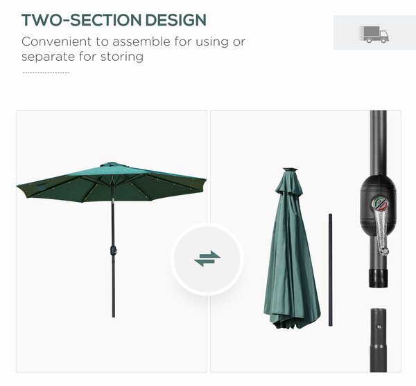 Outsunny Waterproof LED Patio Parasol: 2.7m Tilting Umbrella with Crank & 8 Ribs, Green Aosom UK
